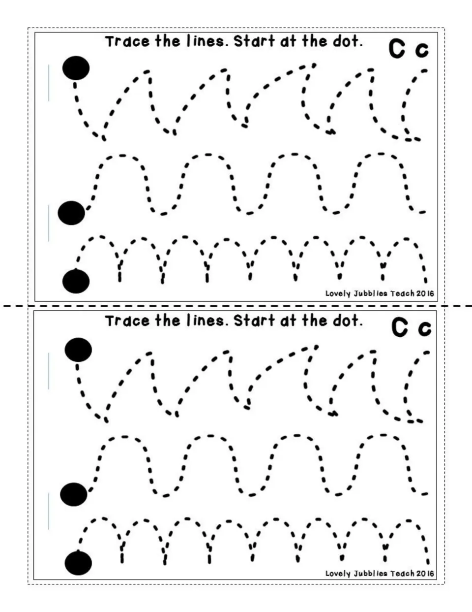 Pre-writing strokes: 'Trace the lines. Start at the dot.' Students trace dotted zigzag, wave and arch paths left to right