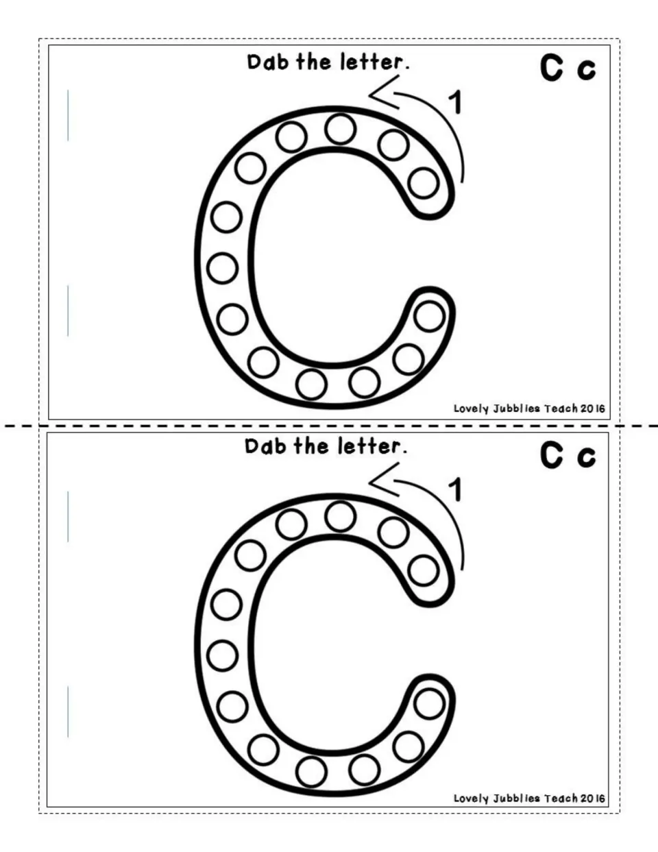 Dab the letter: a large capital C with dot circles for students to dab, plus a numbered arrow showing the stroke direction