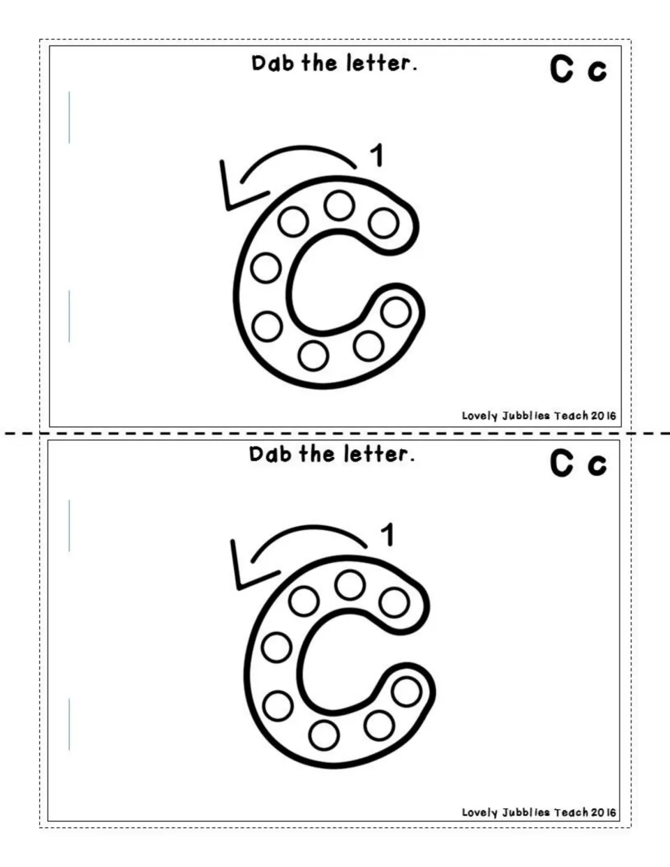 Dab the letter: a lowercase c filled with circles to dab, with a numbered arrow marking where to start and which way to go