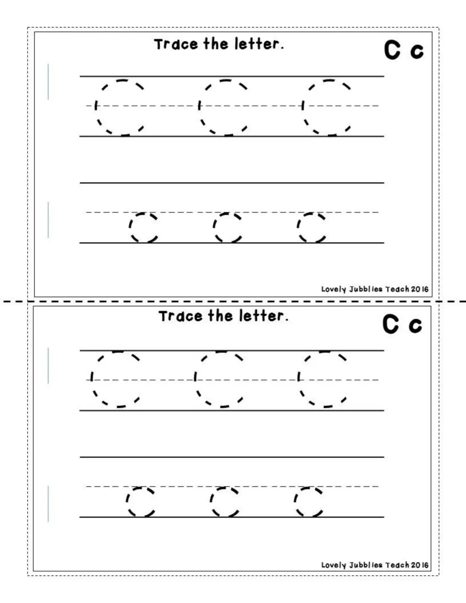 Trace the letter: students trace three dashed capital C letters and three dashed lowercase c letters on handwriting lines