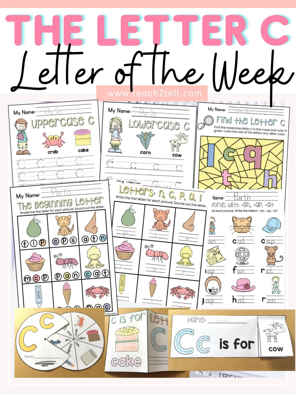 The Letter C Letter of the Week cover showing tracing, beginning sound, maze, -an/-at word pages, word wheel and booklets