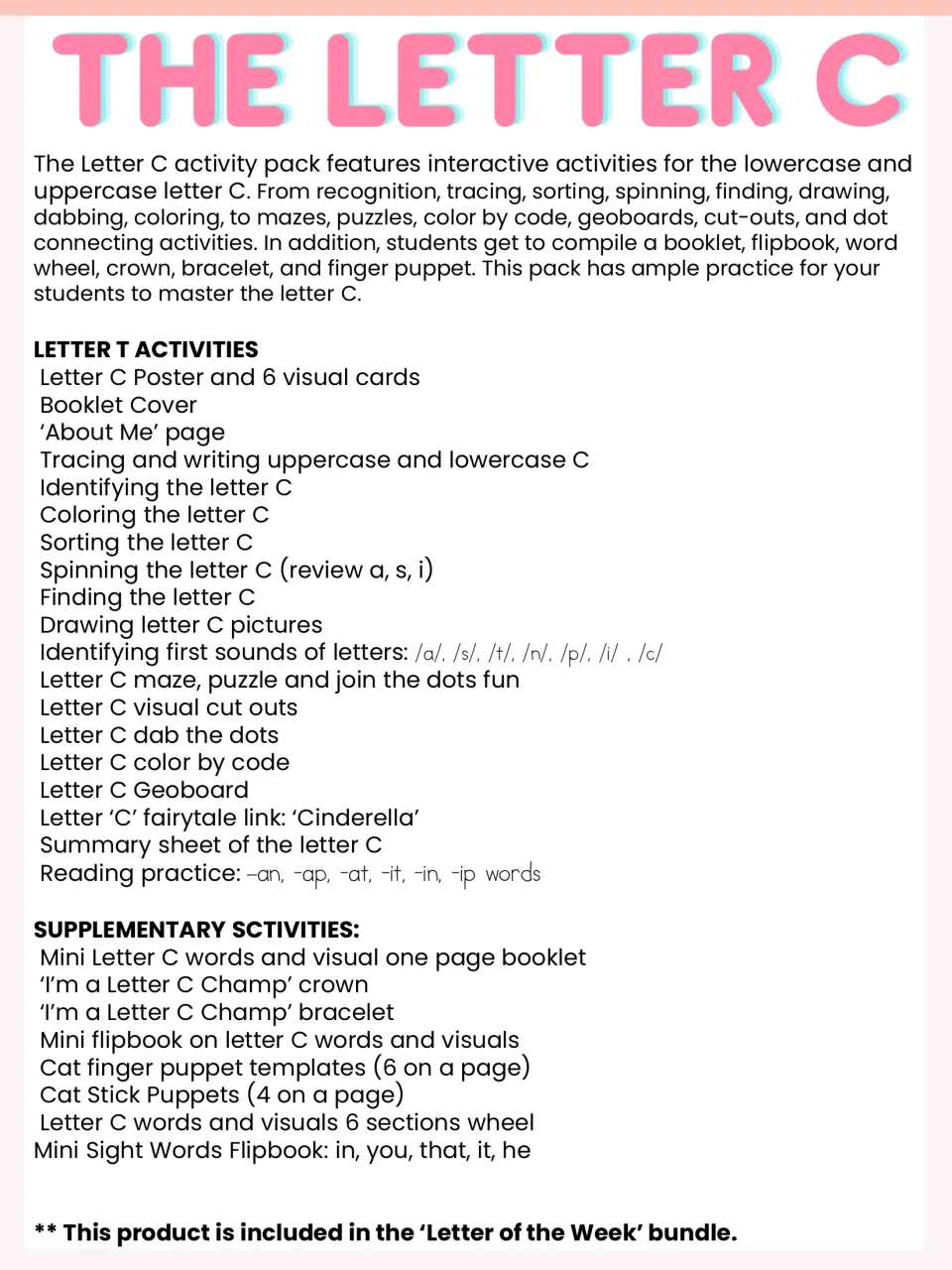 Letter C pack contents list: tracing, sorting, mazes, color by code, geoboard, crown, bracelet, puppets and flipbooks
