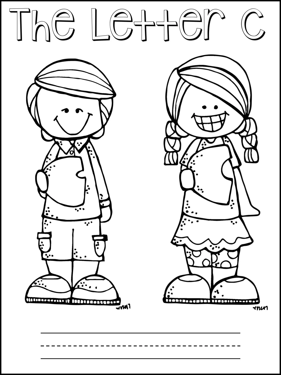 The Letter C booklet cover: students color a boy and girl each holding a letter C, with a writing line below
