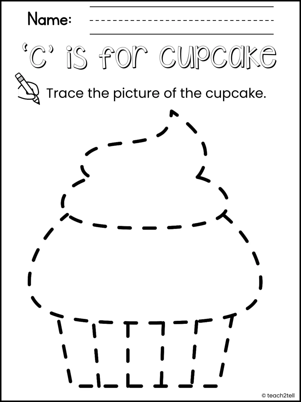 'c' is for cupcake: students trace the dashed outline of a large cupcake, a picture keyword for the letter c
