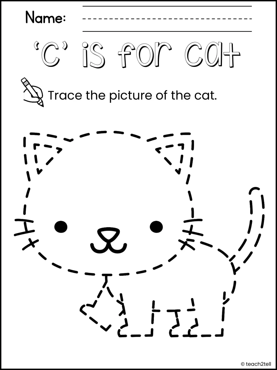 'c' is for cat: students trace the dashed outline of a cat with whiskers and a curled tail, a keyword picture for c