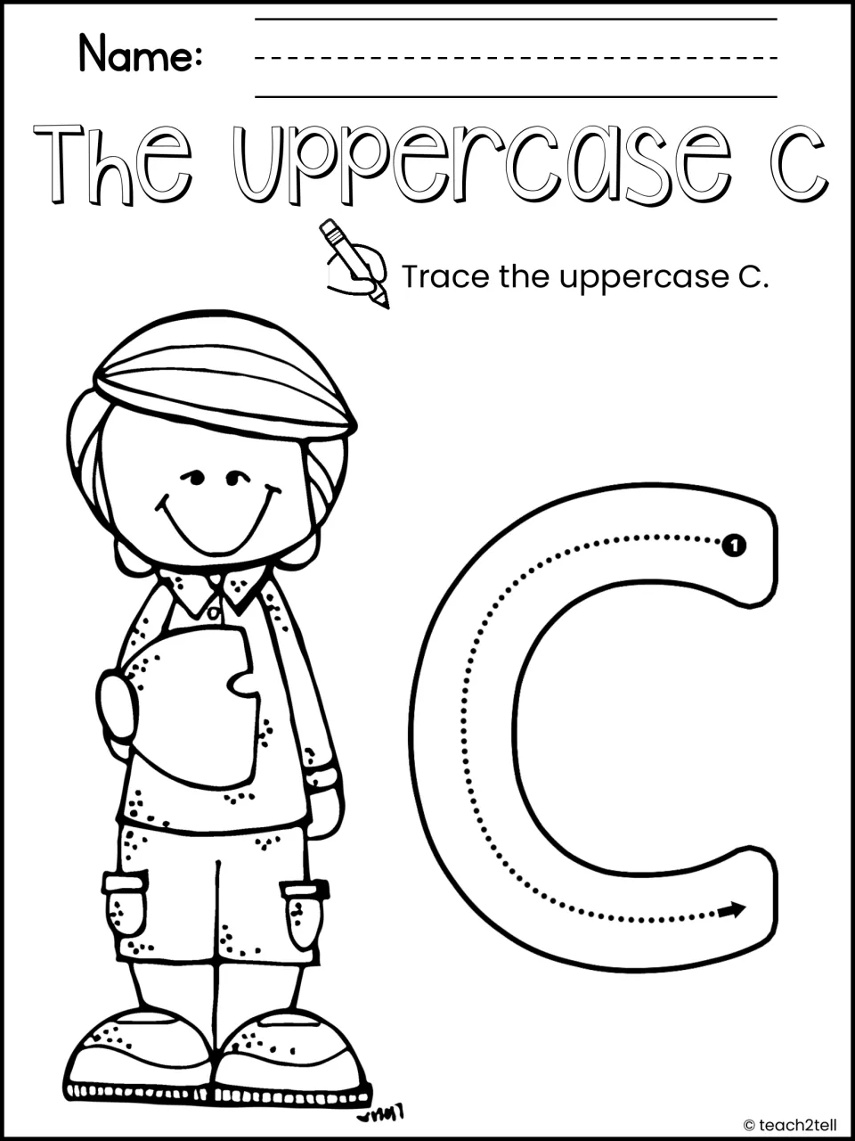 The Uppercase C: students trace a large capital C following the numbered start dot and arrow to practise letter formation