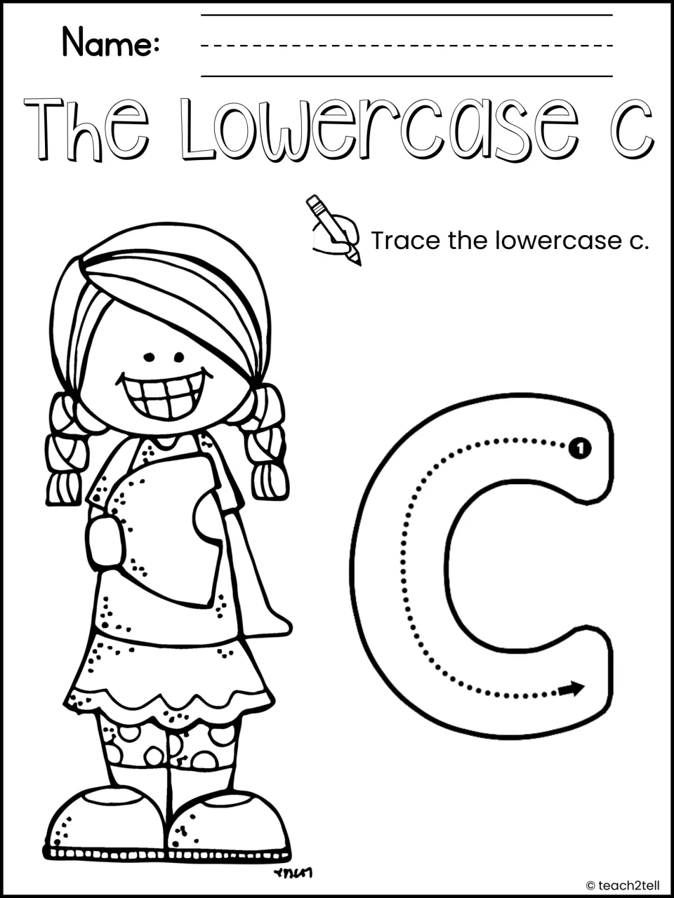 The Lowercase c: students trace a big lowercase c along a dotted path from the numbered start point to the arrow