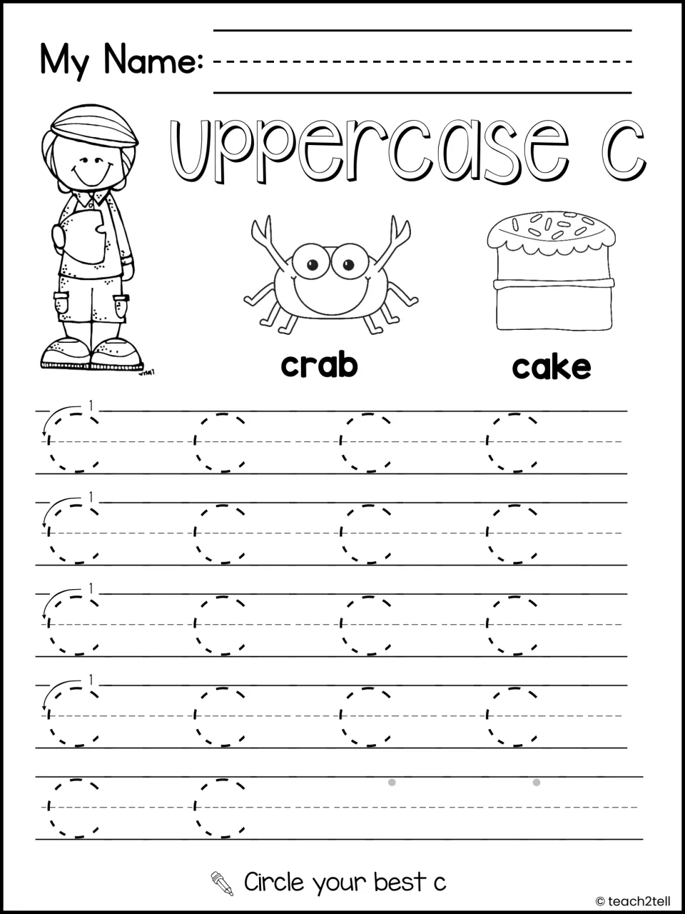 Uppercase C handwriting: students trace rows of dashed capital C beside crab and cake pictures, then circle their best