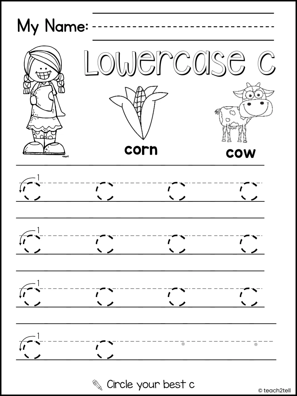 Lowercase c handwriting: students trace rows of small c with corn and cow keyword pictures, then circle their best one