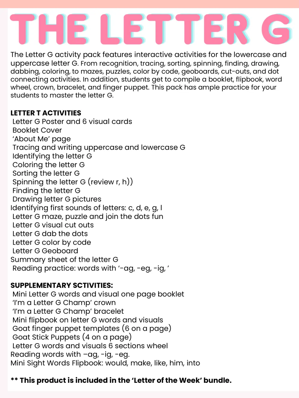 Letter G pack contents list: tracing, sorting, mazes, color by code, geoboard, -ag/-eg/-ig reading, crown and goat puppets