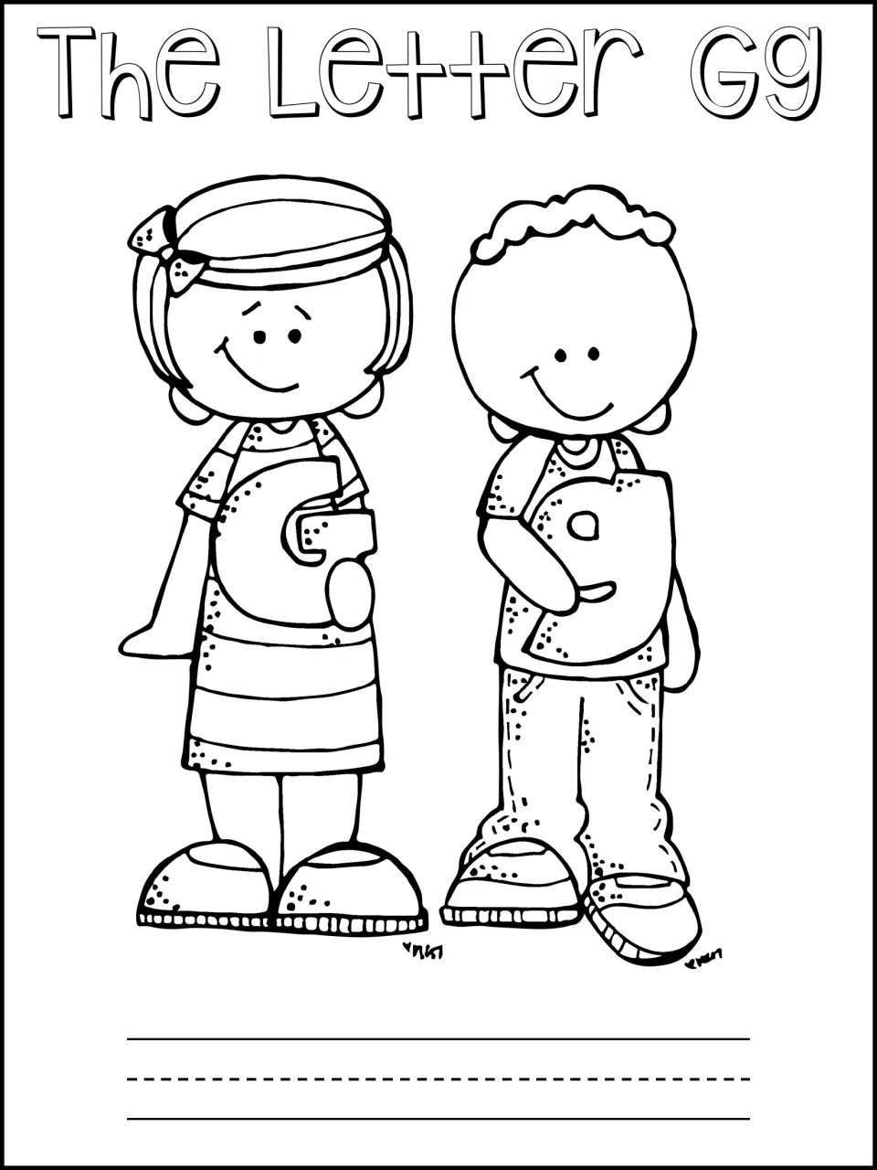 The Letter Gg booklet cover: two children holding a G and a g to color, and a space for the student's name