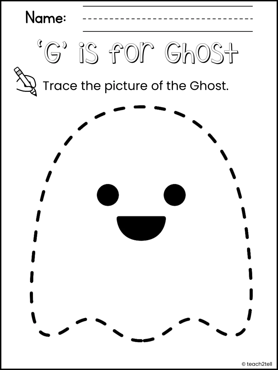'G' is for Ghost: students trace the dashed outline of a smiling ghost as pre-writing practice