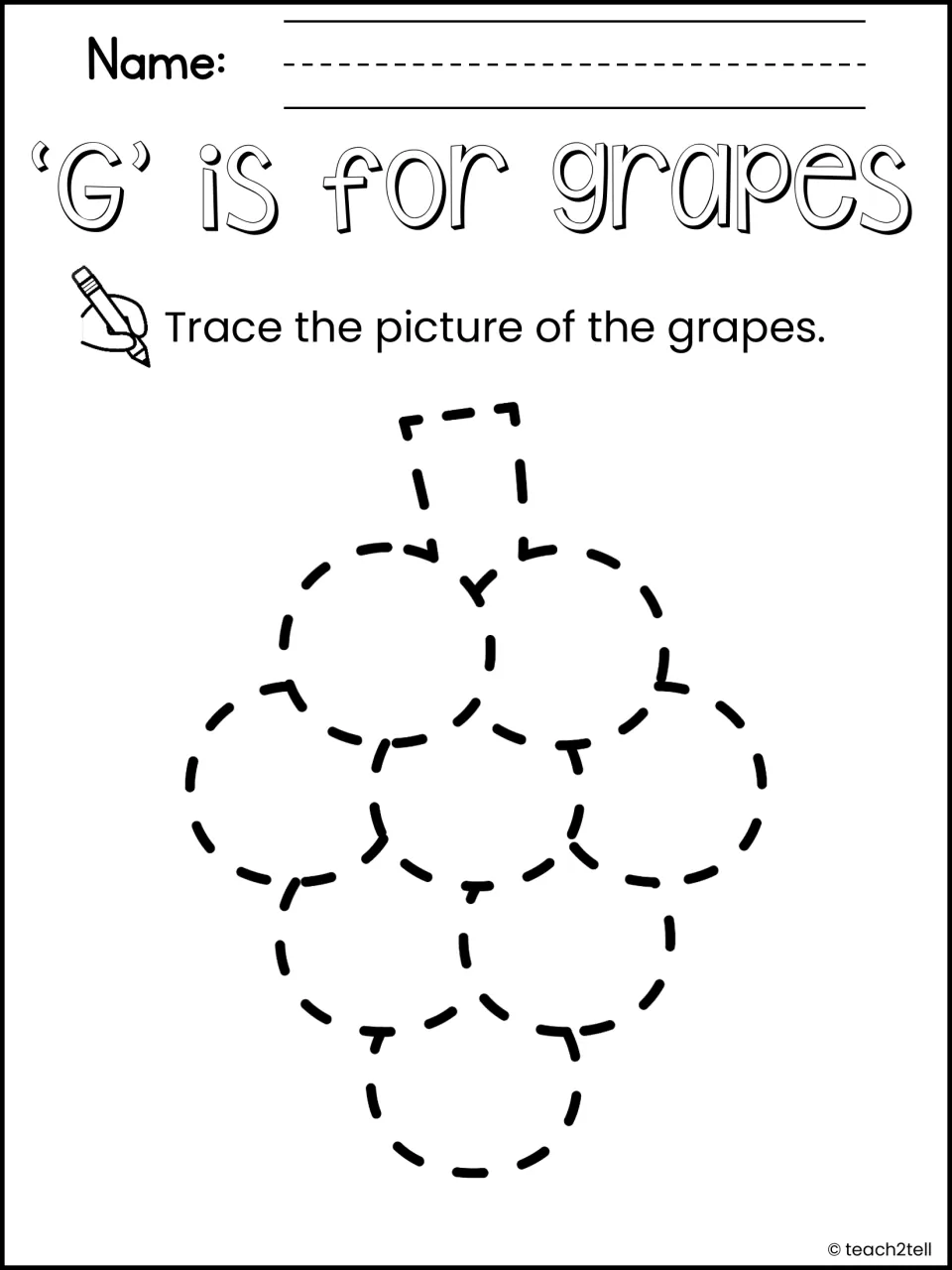 'G' is for grapes: students trace a dashed bunch of grapes made of round shapes, practising curved pencil strokes