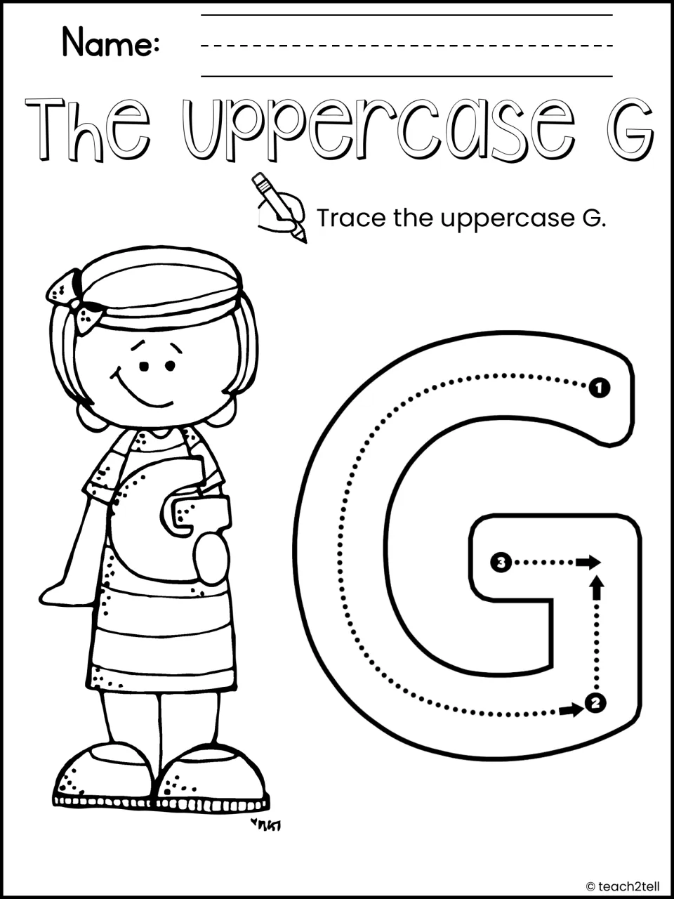 The Uppercase G: students trace one large capital G following numbered stroke arrows 1 to 3, beside a girl holding a G