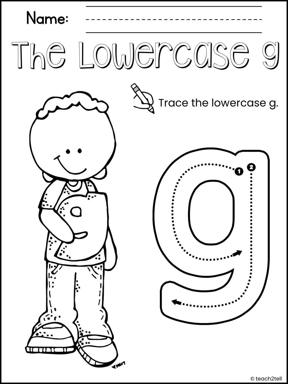 The Lowercase g: students trace a large lowercase g following numbered strokes 1 and 2, beside a boy holding a g