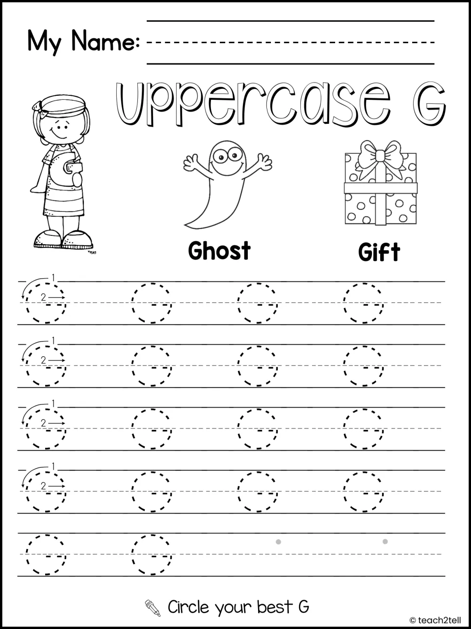 Uppercase G handwriting: students trace rows of dashed capital G's, with Ghost and Gift pictures, then circle their best G