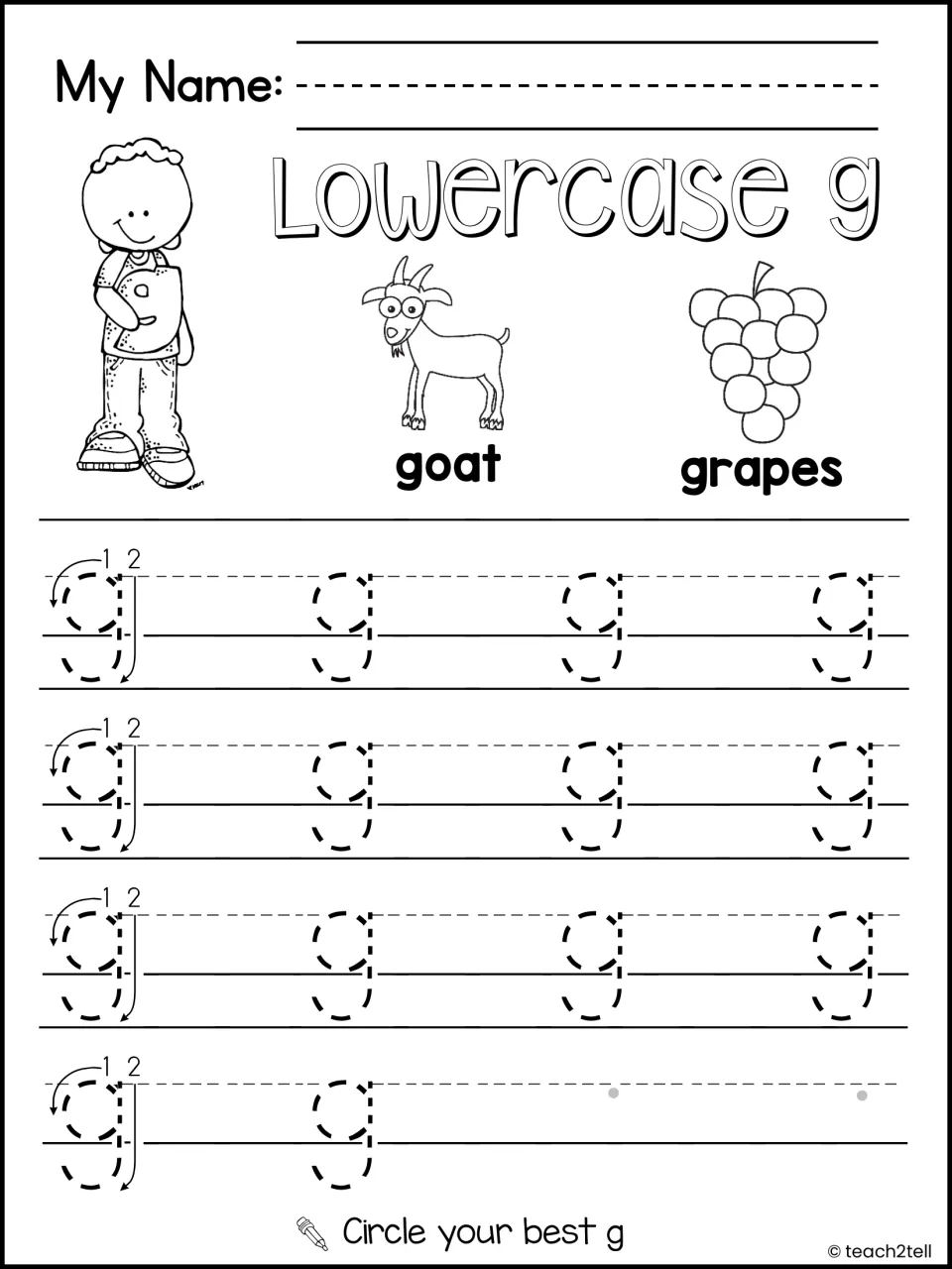 Lowercase g handwriting: students trace rows of dashed g's beside goat and grapes, then circle their best g