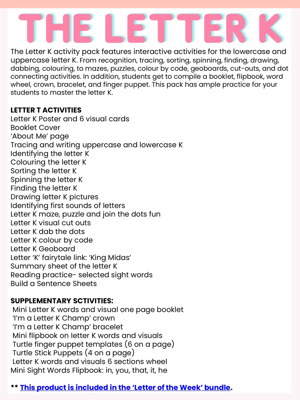 Letter K pack contents list: tracing, sorting, mazes, colour by code, geoboard, King Midas link, crown and flipbook