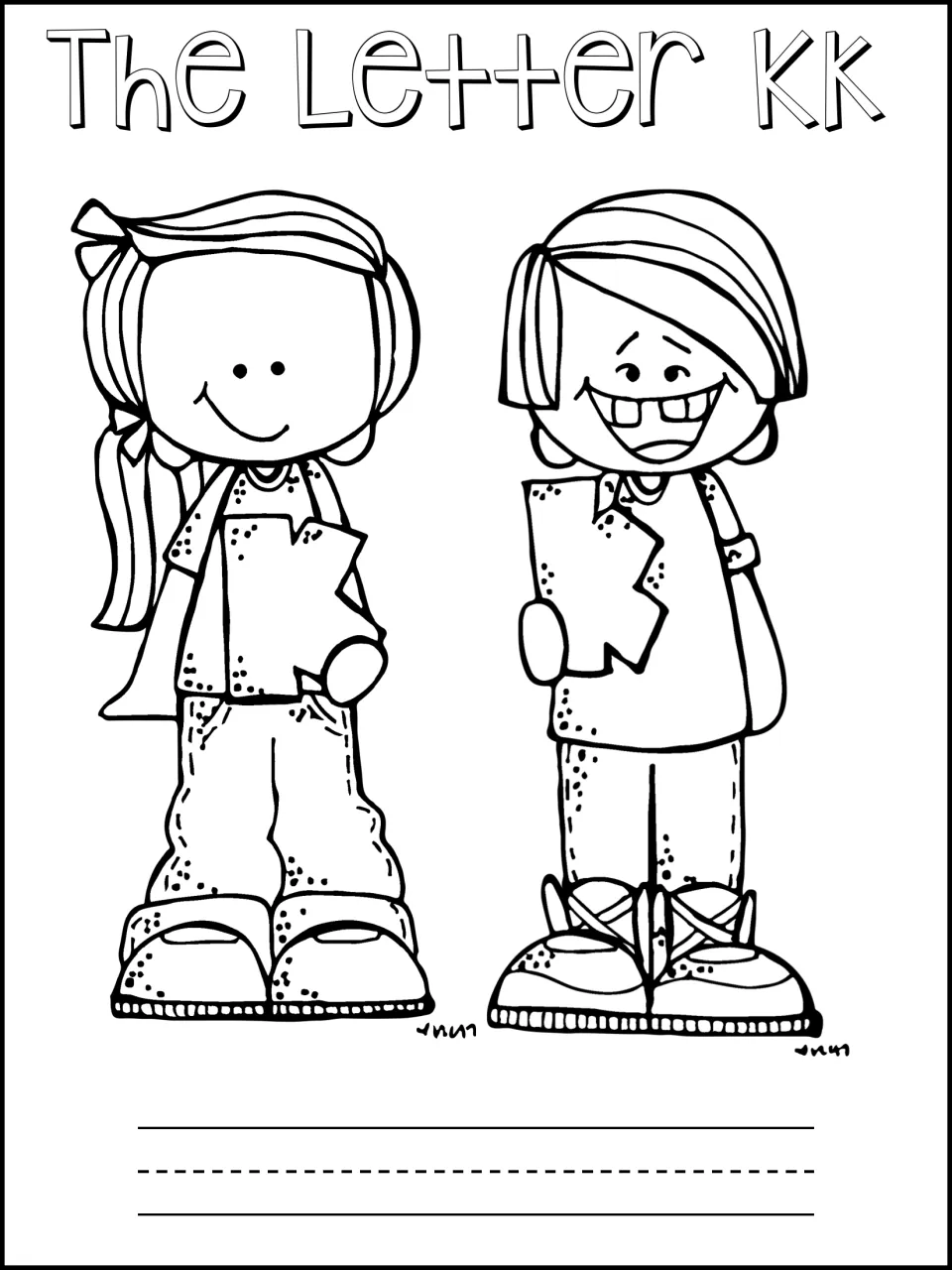 The Letter Kk booklet cover: two children holding a letter K to colour, with a writing line for the student's name