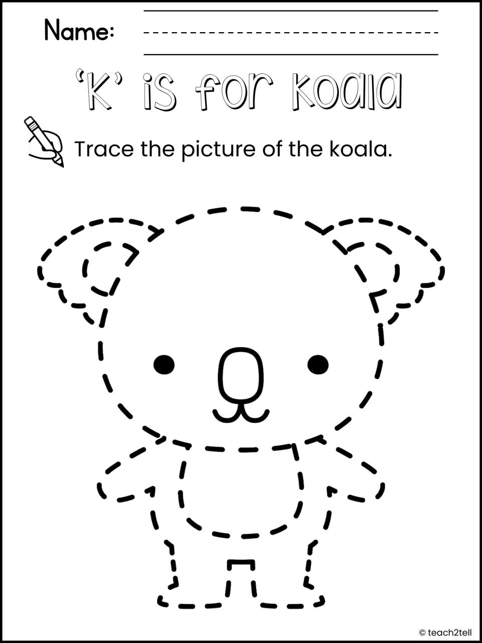 'K' is for koala: students trace the dashed outline of a koala's ears, face and body for pencil control