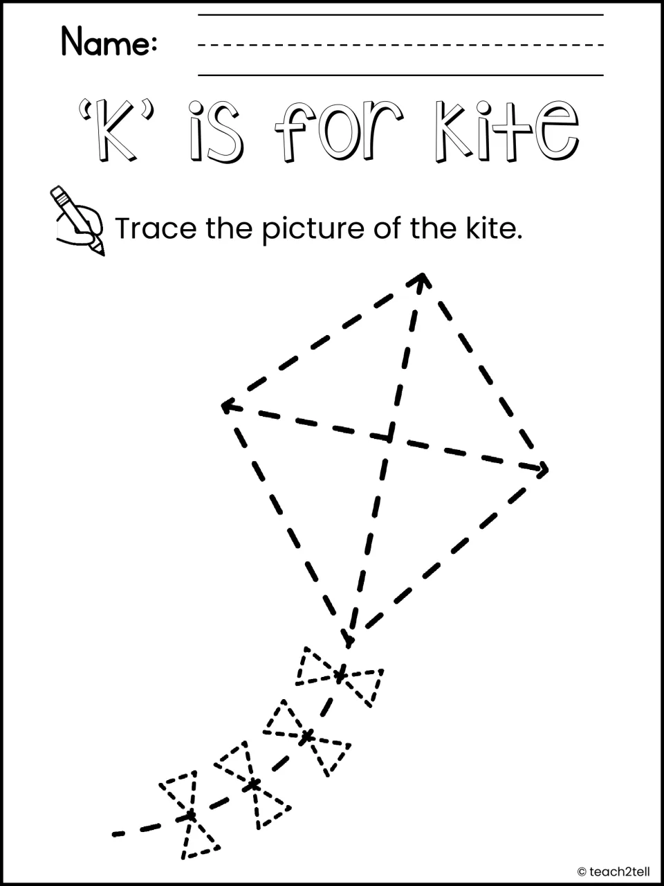 'K' is for kite: students trace the dashed outline of a kite and its bow tail, practising pencil control