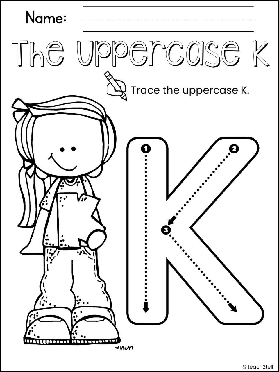 The Uppercase K: students trace a large capital K following numbered stroke arrows 1 to 3 for letter formation