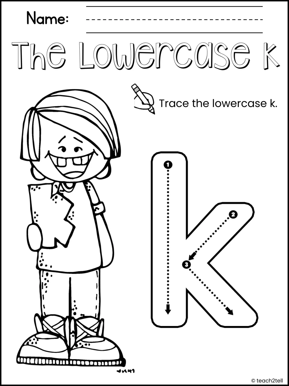 The Lowercase k: students trace a large lowercase k using numbered stroke arrows to learn correct letter formation