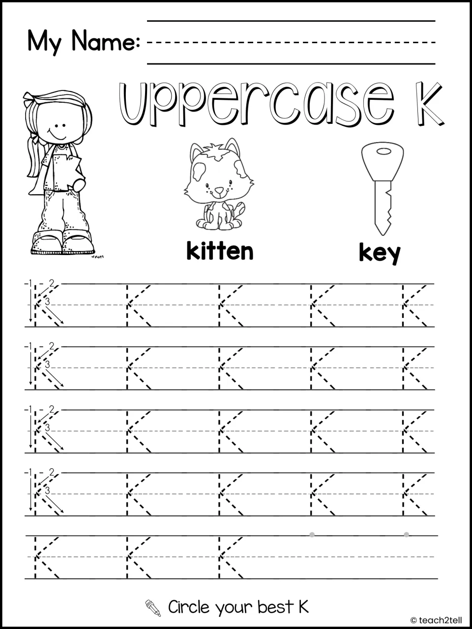 Uppercase K handwriting: students trace rows of dashed capital K beside kitten and key pictures, then circle their best