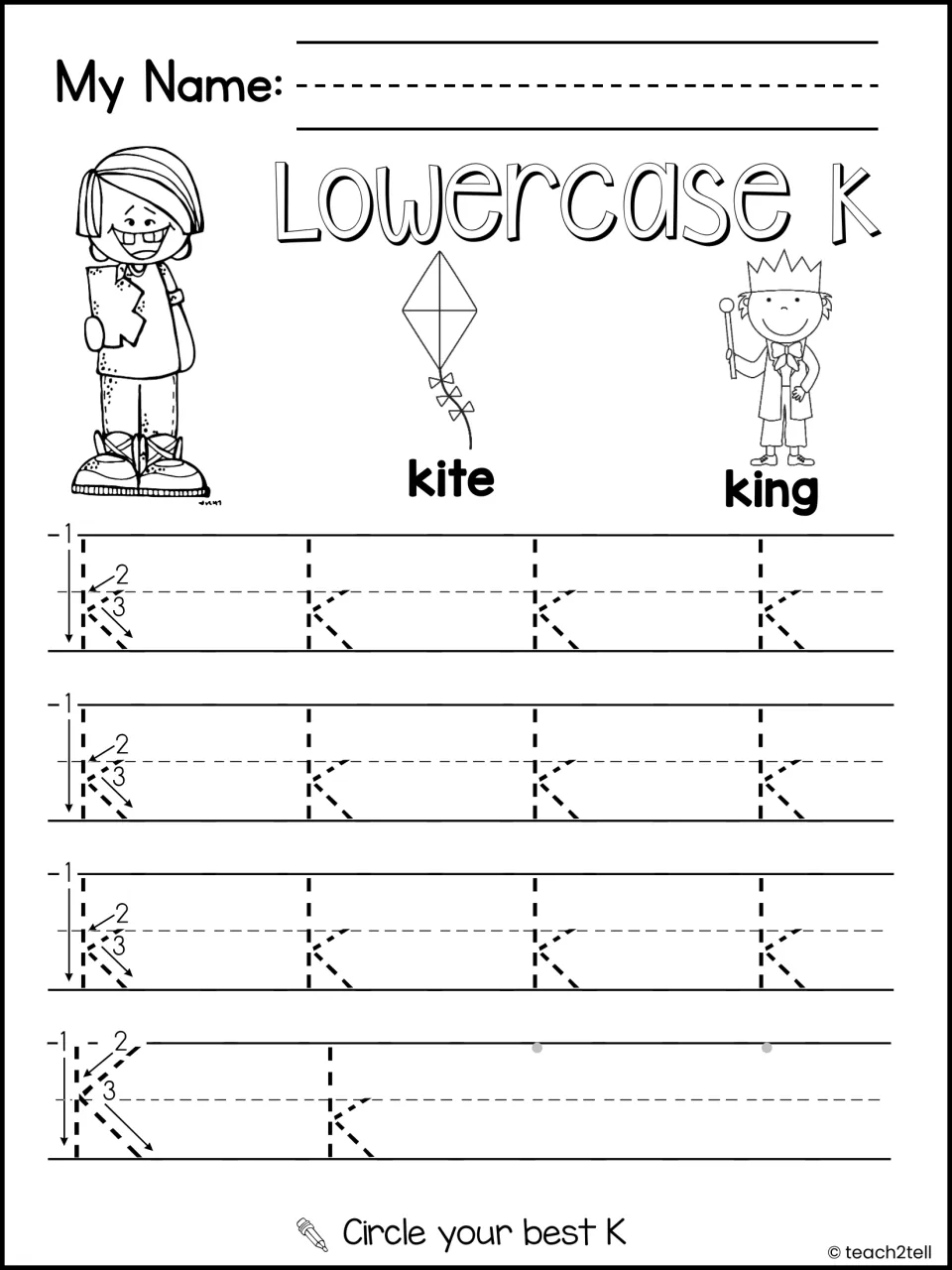Lowercase k handwriting: students trace rows of dashed small k beside kite and king pictures, then circle their best one