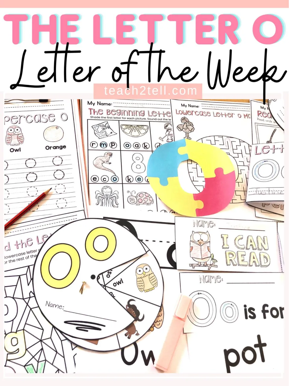Cover for a week on the letter O, showing an owl word wheel, colored puzzle, maze, tracing sheets and I Can Read booklet