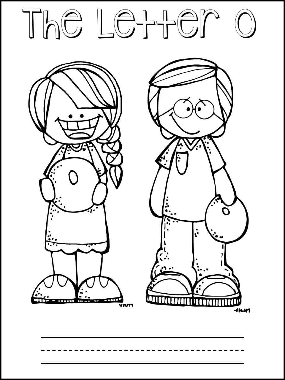 The Letter O booklet cover: students color a girl and boy each holding an orange marked o, then write on the line