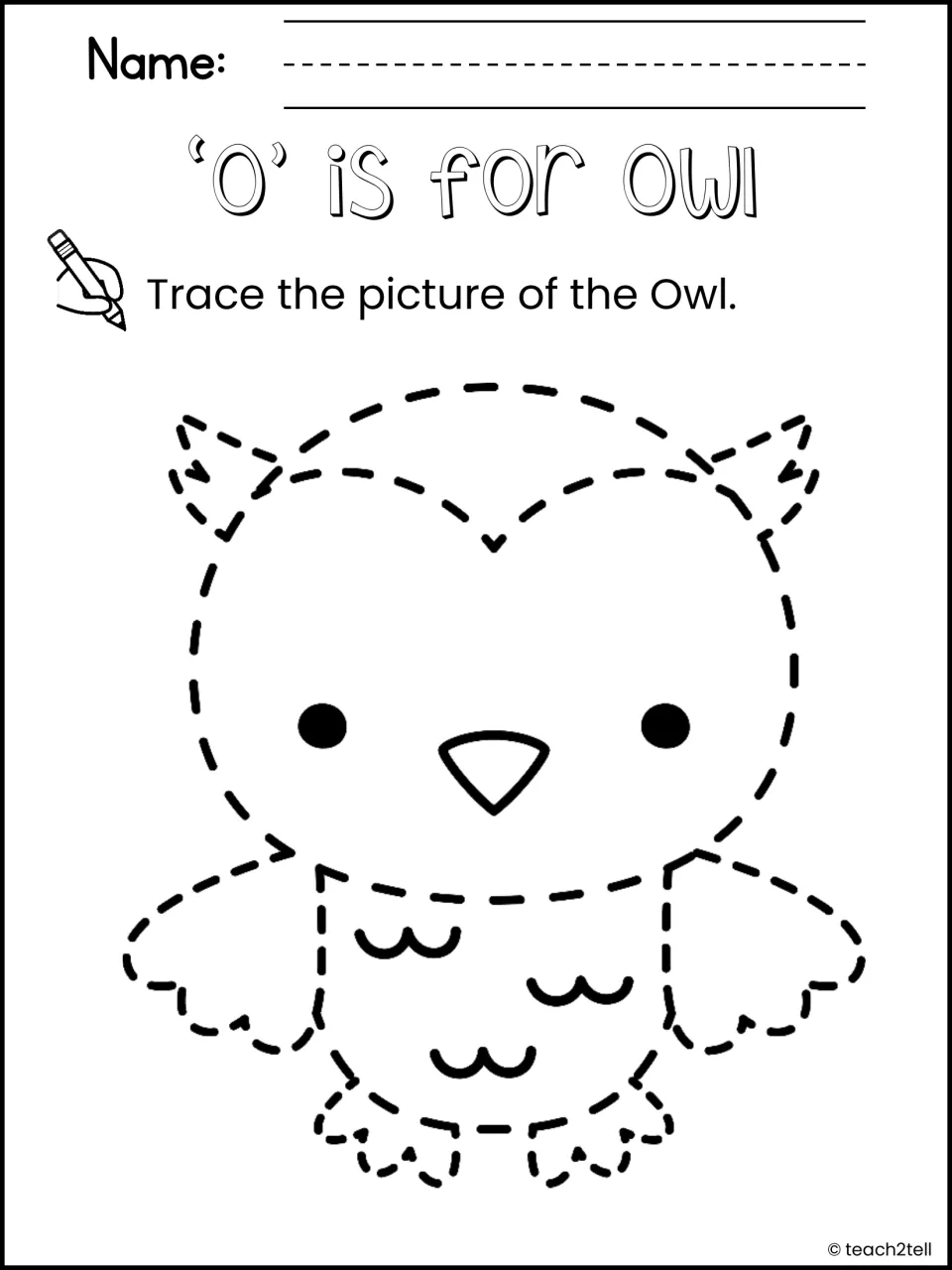 'O' is for Owl: students trace the dashed outline of a cartoon owl, a picture linked to the letter O