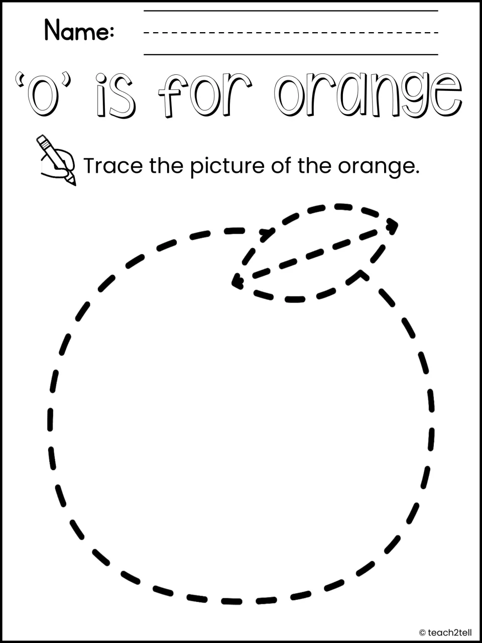 'o' is for orange: students trace a large dashed outline of an orange and its leaf, an o word picture