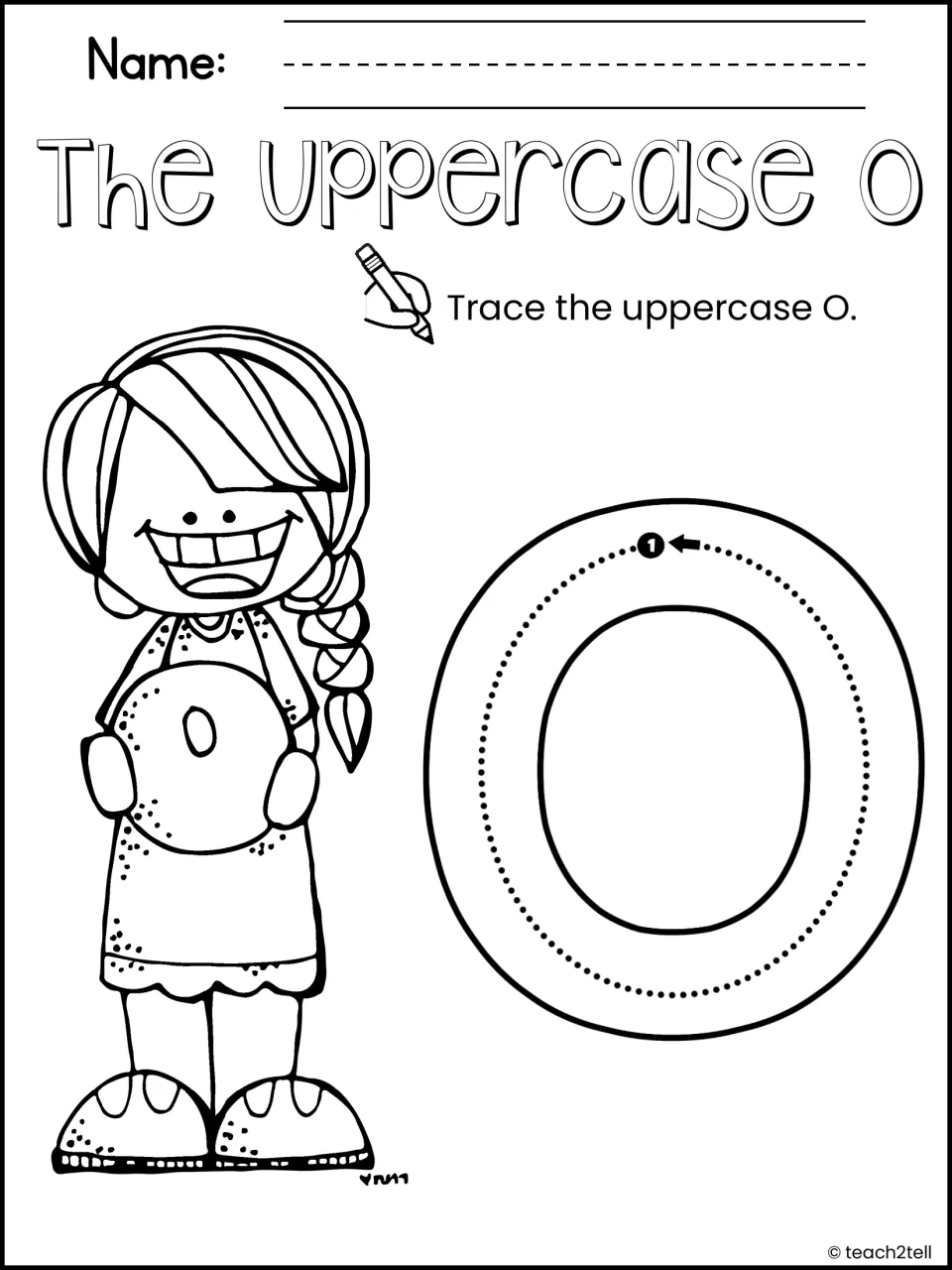Uppercase O formation: students trace a big capital O along a dotted path from start point 1, beside a girl with an orange