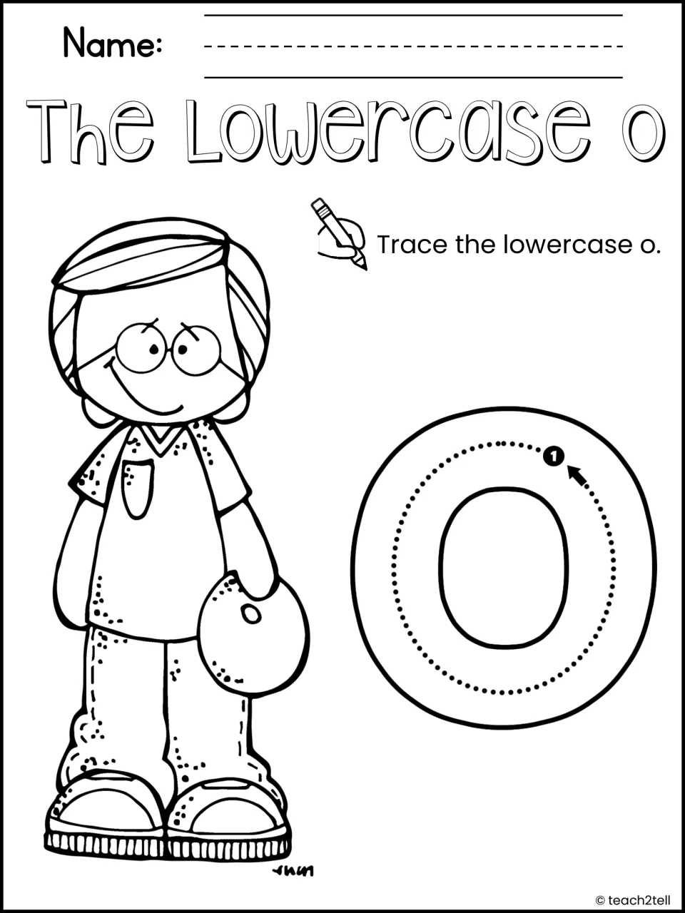 Lowercase o formation: students trace a large lowercase o on a dotted path from start point 1, beside a boy with an orange