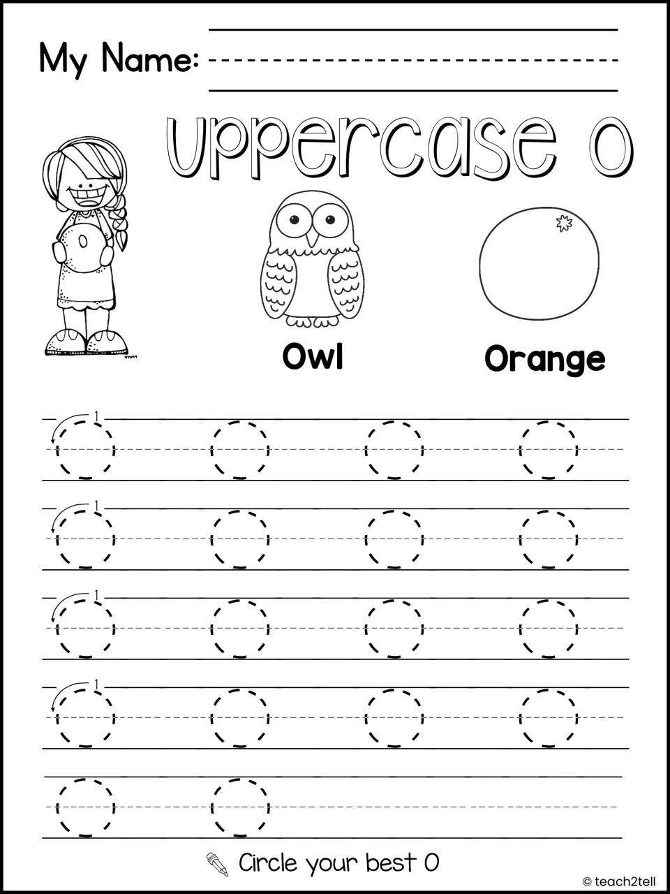 Uppercase O handwriting: students trace rows of dashed capital Os under Owl and Orange pictures, then circle their best O