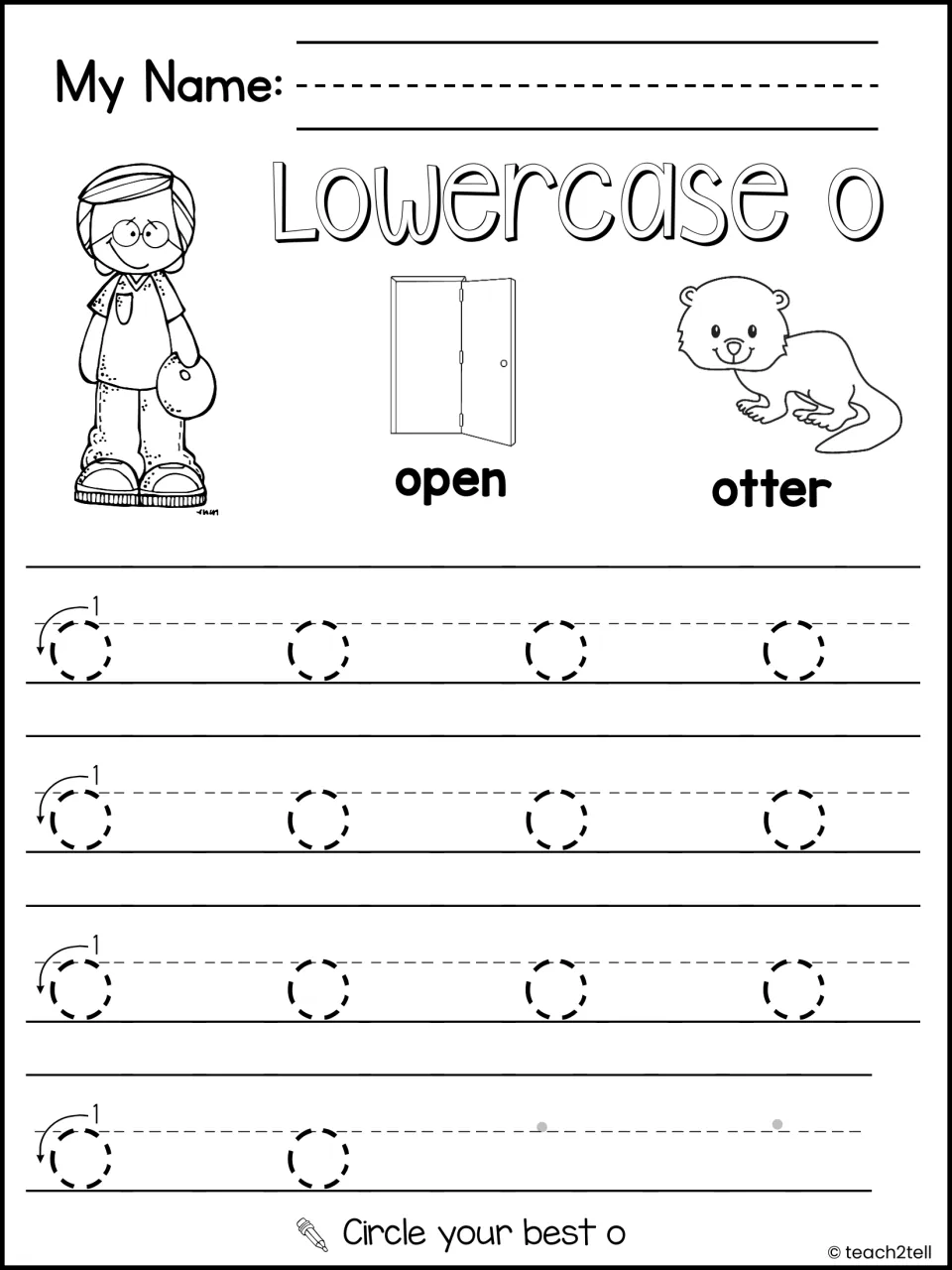 Lowercase o handwriting: students trace rows of dashed small o's under open and otter pictures, then circle their best o