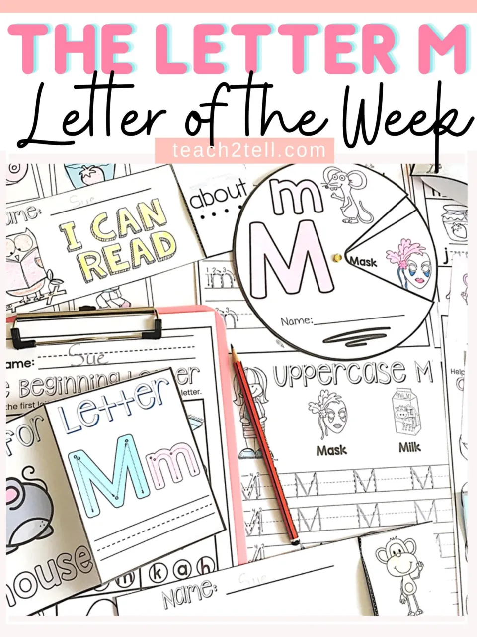 The Letter M Letter of the Week cover showing a word wheel, I Can Read booklet, Mm flipbook and uppercase M tracing sheet