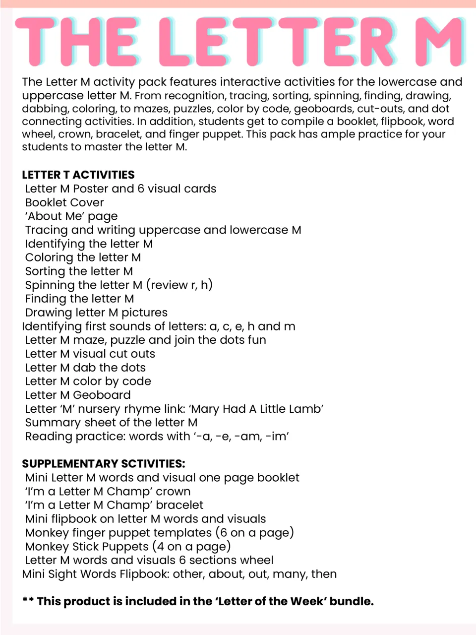 Letter M pack contents: list of tracing, sorting, maze, dab-the-dots and color-by-code tasks plus crown and puppet extras