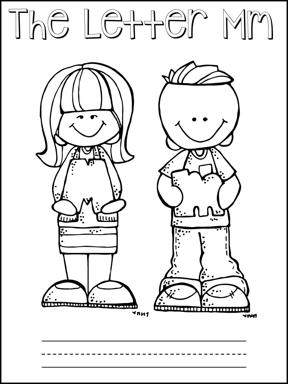 The Letter Mm booklet cover: children color a girl and boy holding letter M shapes and write their name on the line