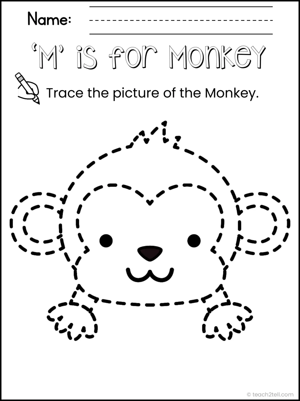 'M' is for Monkey: children trace the dashed outline of a monkey face to connect the m sound with a picture