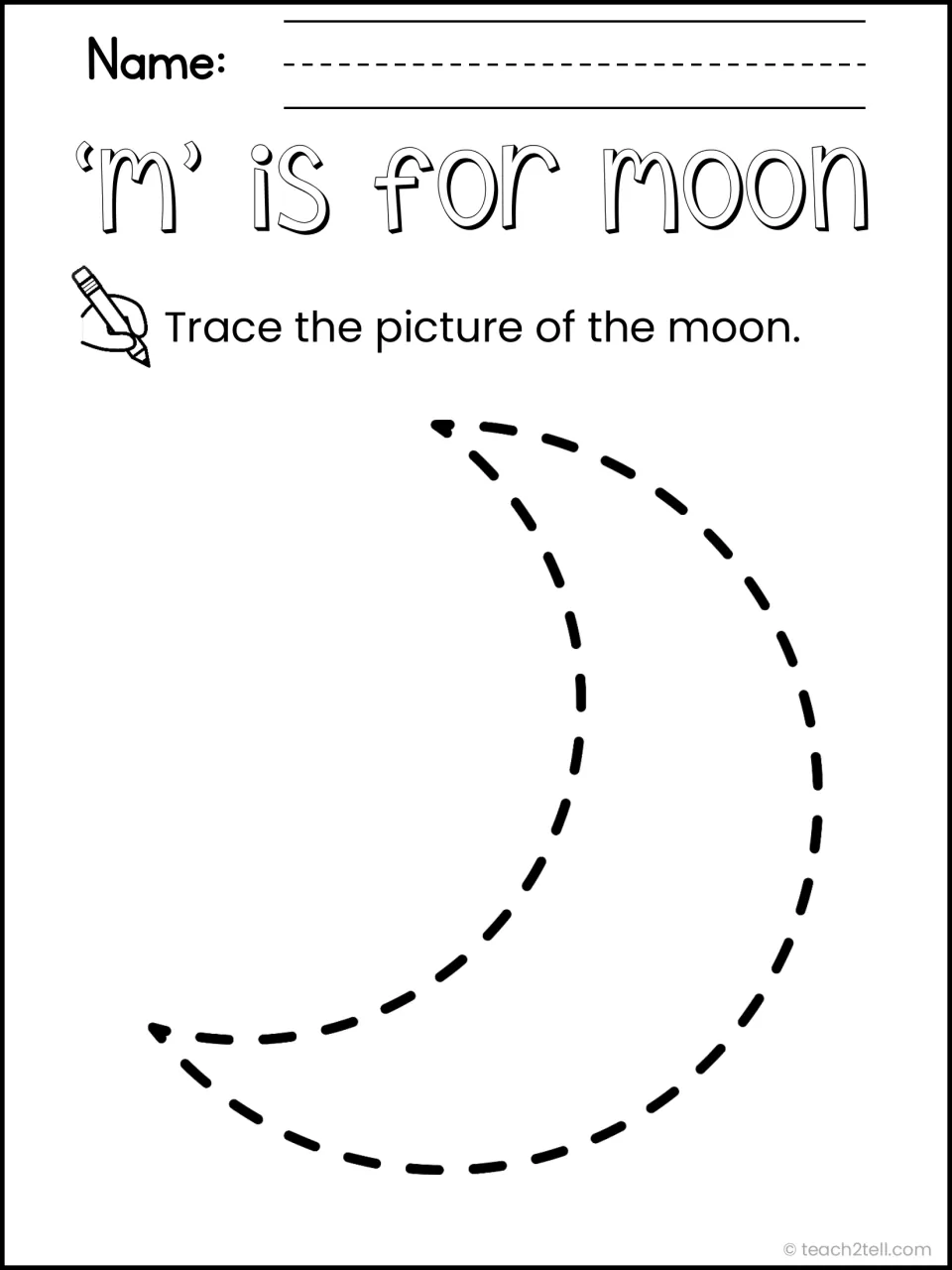 'm' is for moon: children trace the dashed outline of a crescent moon as a picture cue for the letter m sound