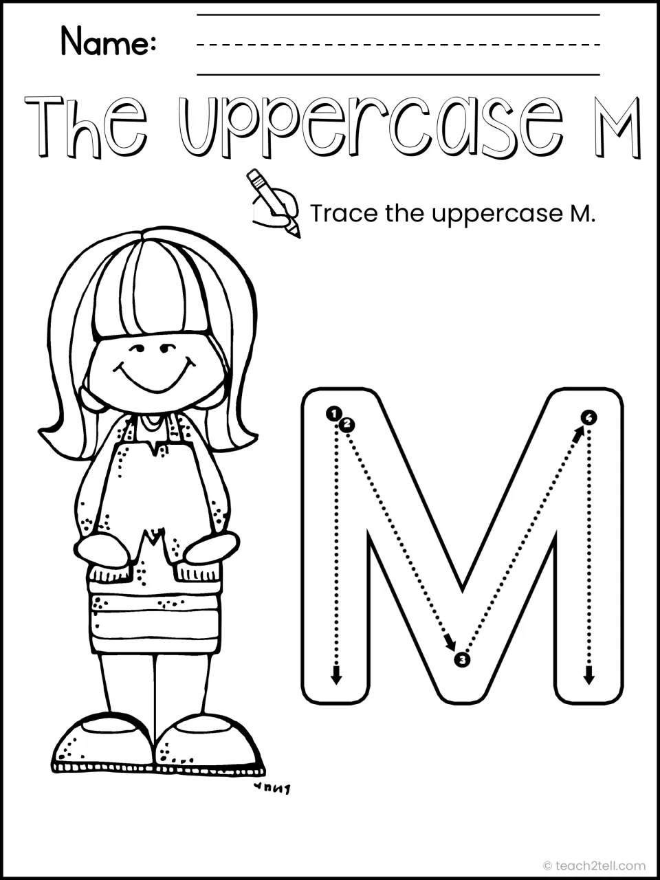 The Uppercase M: children trace a large capital M following numbered arrows 1 to 4 for correct letter formation