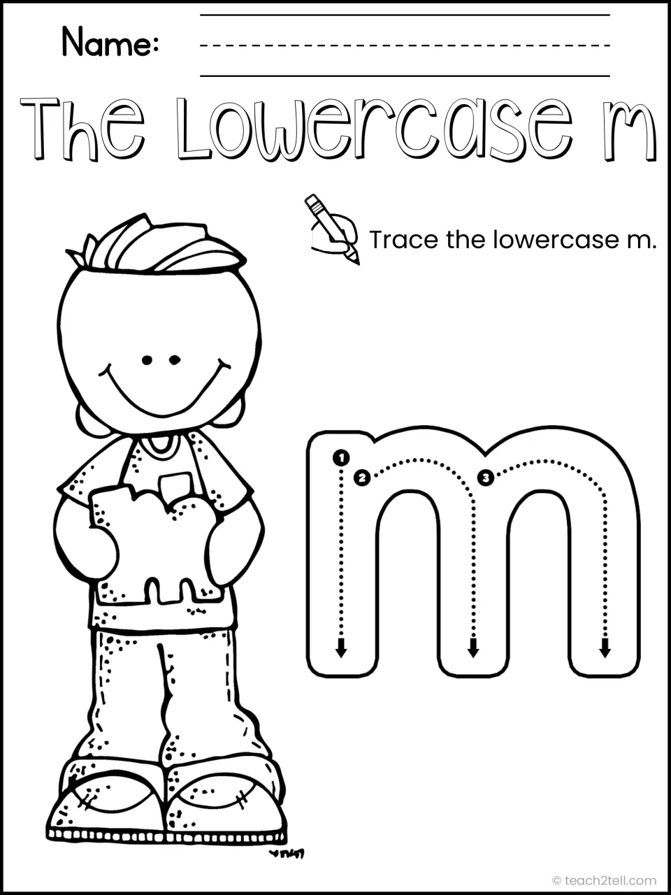 The Lowercase m: children trace a large small m following numbered arrows 1 to 3 to practise letter formation