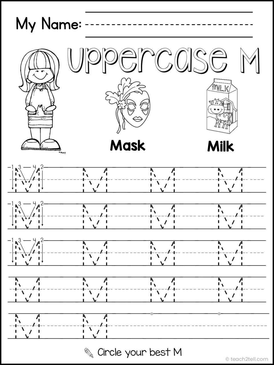 Uppercase M handwriting practice: children trace rows of dotted capital M letters with Mask and Milk picture cues