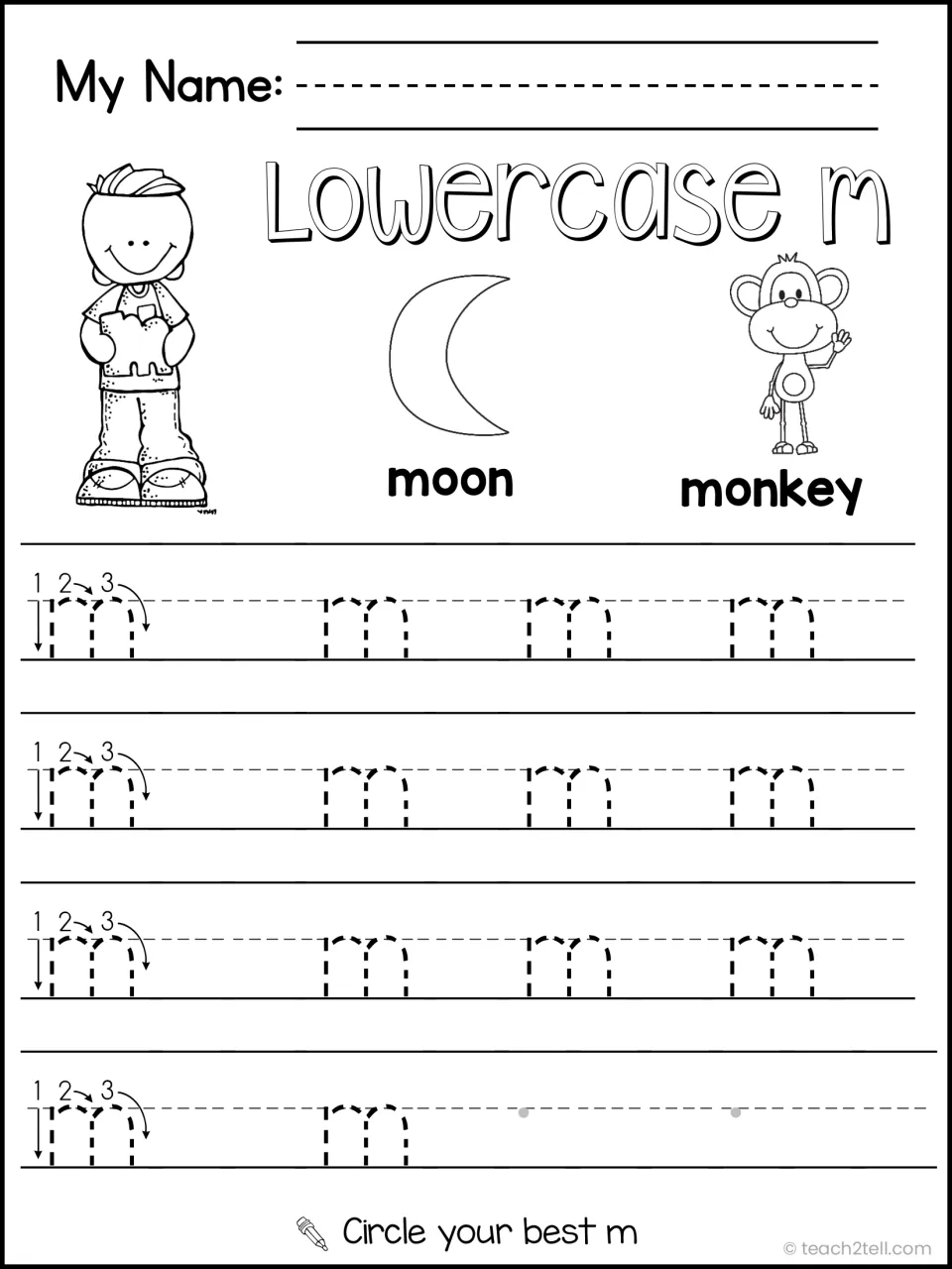 Lowercase m handwriting practice: children trace rows of dotted small m letters with moon and monkey picture cues