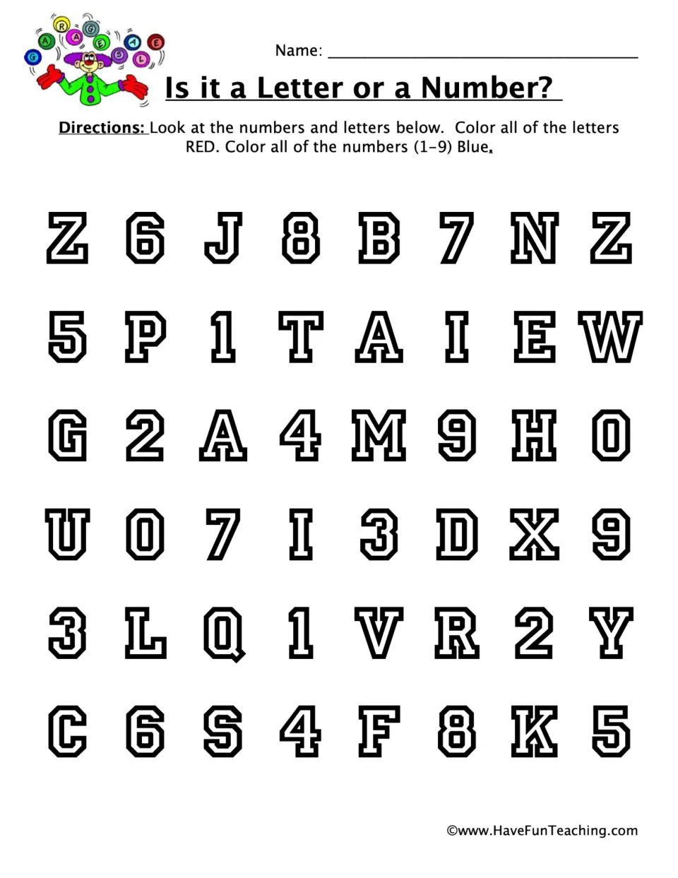 Letter and number identification practice: color uppercase letters red and numbers 1–9 blue among 48 symbols.