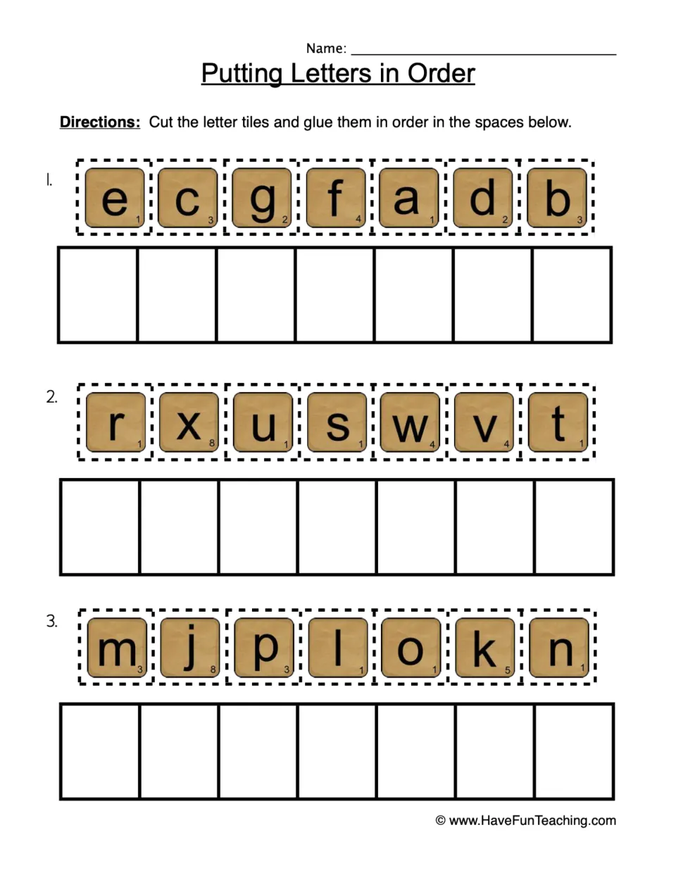 Alphabetical order practice: students cut out scrambled letter tiles and glue them in order for a-g, r-x and j-p