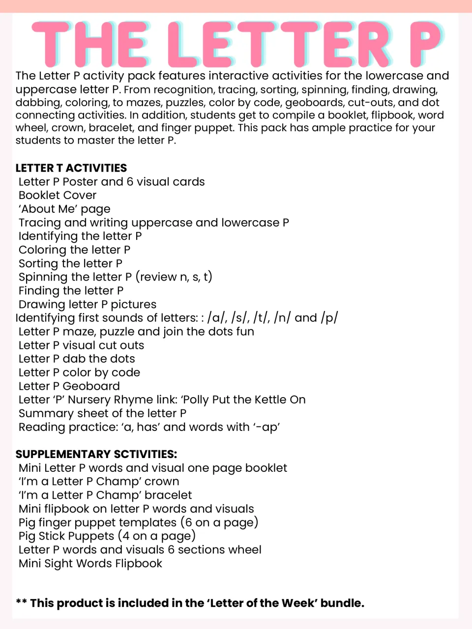 Letter P contents list: tracing, sorting, spinning, mazes, dab the dots, color by code, crown, bracelet and pig puppets