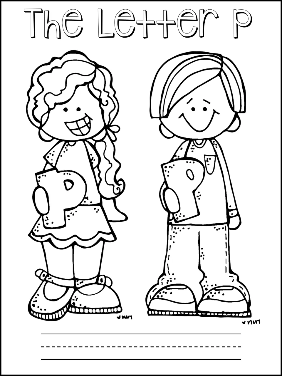 The Letter P booklet cover: a girl and a boy each holding a letter P to color, with space below to write a name